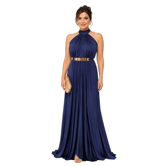 Nicole Bakti Dresses & Skirts - Nicole Bakti Navy Halter Maxi Dress Open Back Gold Belt Formal Gown